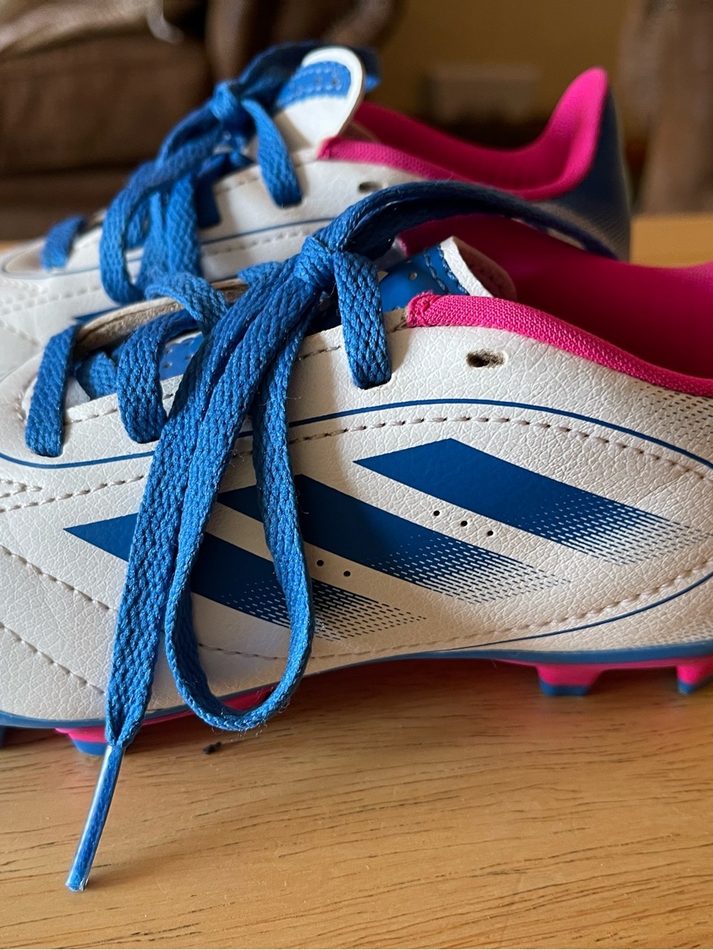 Adidas Youth Soccer Cleats Lace-Up Studded Sole White Blue Pink 10.5K